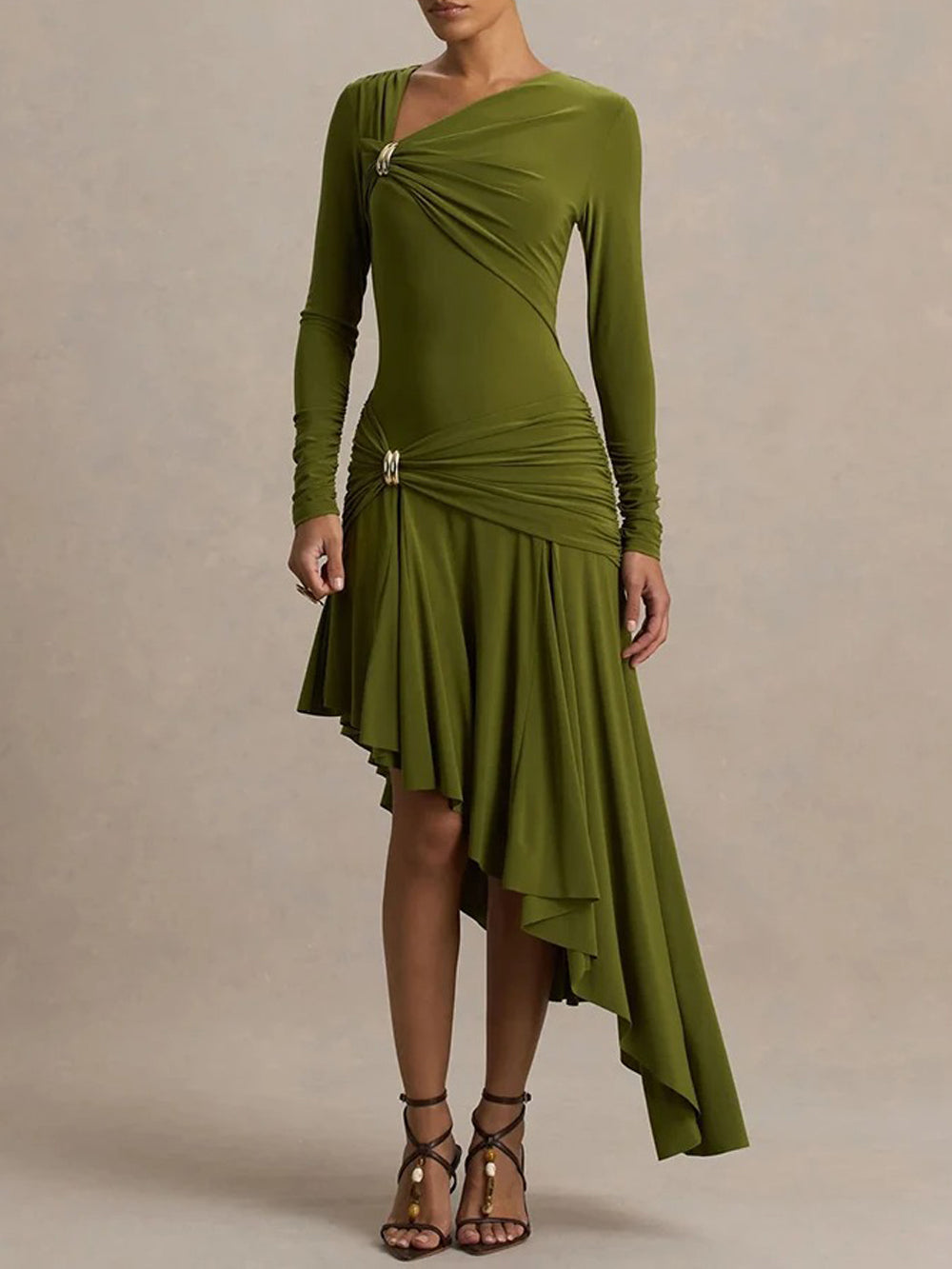 Olivia Asymmetric Ruched Midi Dress
