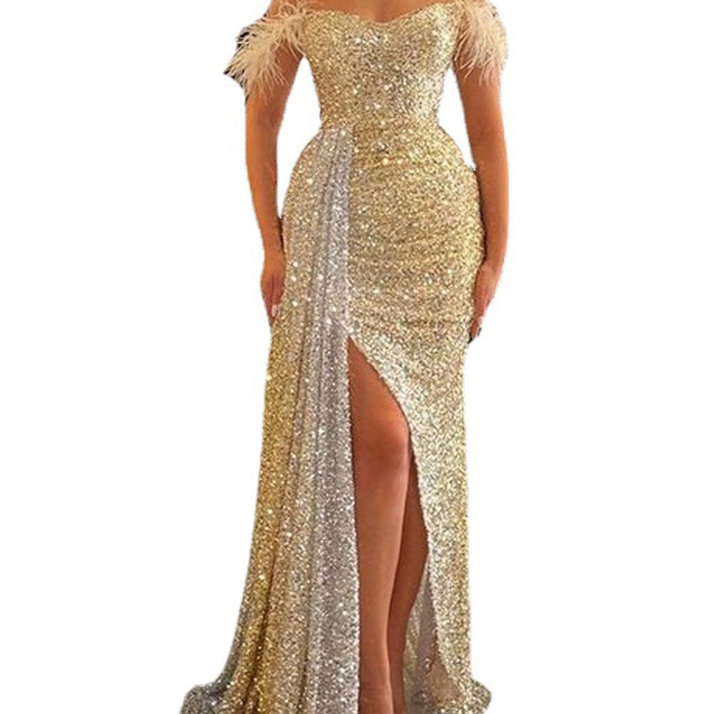 Amira Off Shoulder Feather Backless Maxi Dress