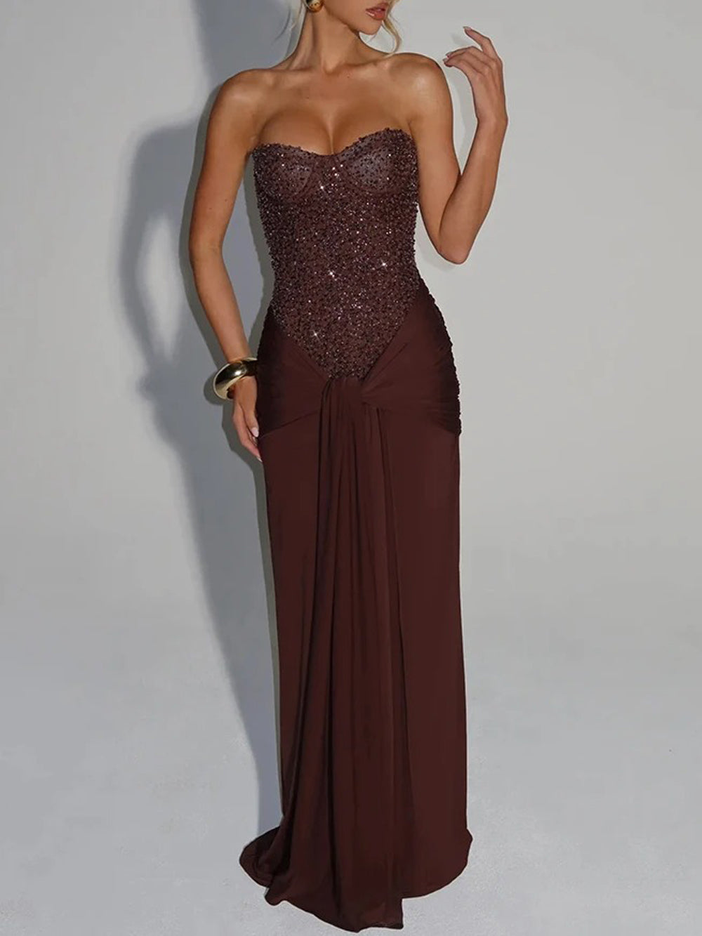 Marina Sparkle Draped Evening Gown
