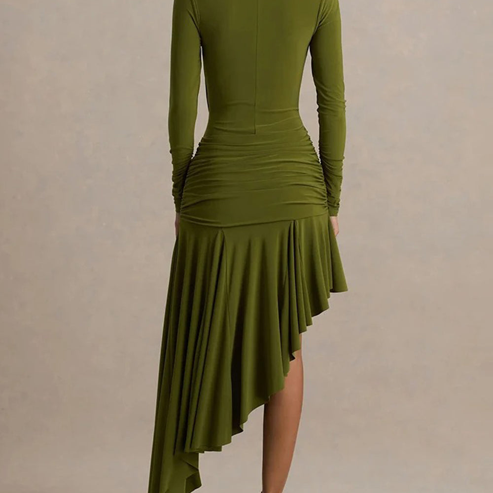 Olivia Asymmetric Ruched Midi Dress