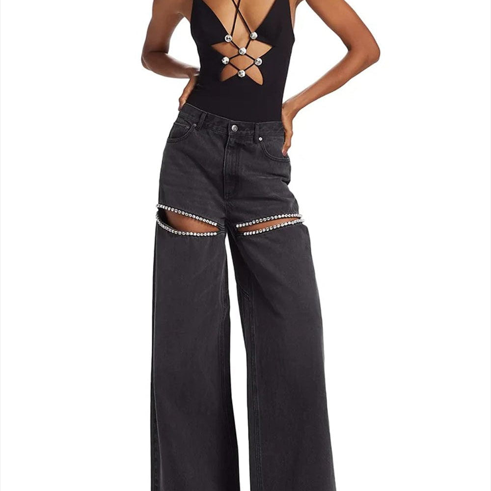 Brithany Hollow Out Diamond Denim Pant - Fashion Pov