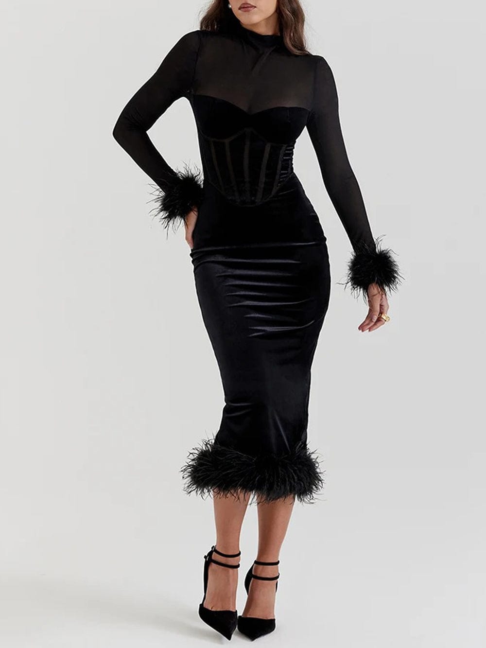 Mary Backless Bodycon Feather Midi Dress - Fashion Pov
