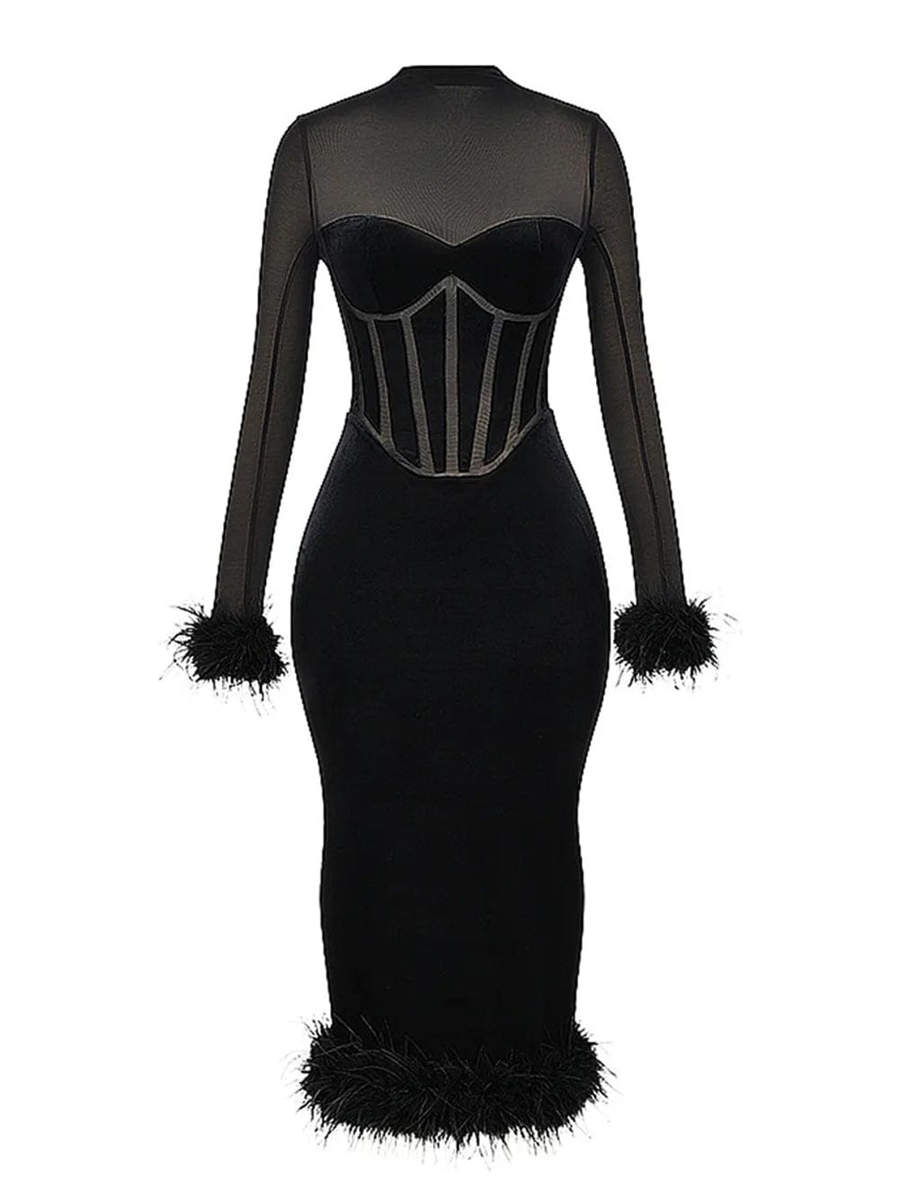 Mary Backless Bodycon Feather Midi Dress - Fashion Pov
