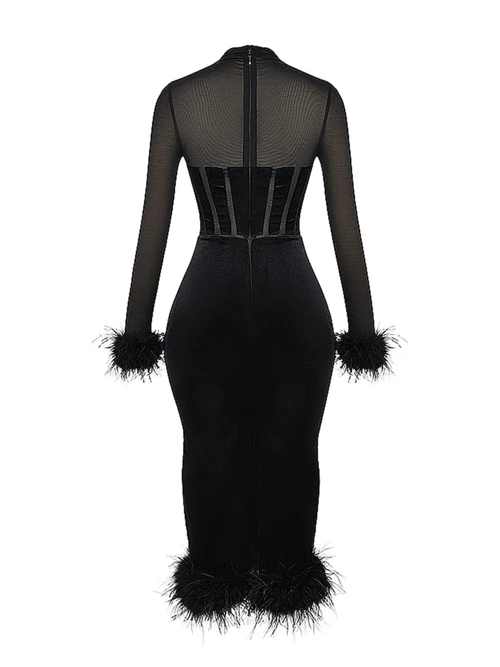 Mary Backless Bodycon Feather Midi Dress - Fashion Pov